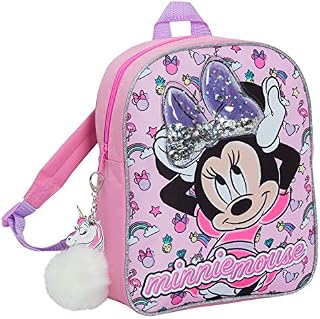 Disney Minnie Mouse Girls Backpack with Glitter Sequin Bow Kids School Toddler Nursery Lunch Bag Junior Rucksack Book Carry On with Unicorn Pom