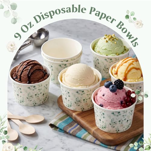 Image of Funnymoom 50 Pack Sage Green Ice Cream Cups 9 oz Eucalyptus Leaf Disposable Dessert Bowls Paper Soup Bowls Eucalyptus Floral Snack Cups for Hot or Cold Food for Greenery Baby Shower Wedding Birthday