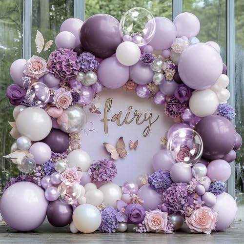 Image of Purple White Balloon Garland Double Stuffed Light White Lilac Balloons Pearl Balloon Arch Kit For Lavender Fairy Birthday Baby Shower Wedding Wild Flower Bridal Shower Party Decor