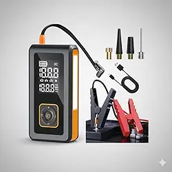 Carregador de Baterias Sem Fio com compressor de Ar Portatil Luz de emergencia e Carrega o Celular Chupeta Enche Pneu do Carro Moto Ideal Para Viagens Auxiliar de Partida 8000 Mah