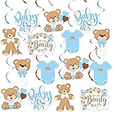 20pcs Blue Bear Baby Shower Party Hanging Swirls Decorations, We Can Bearly Wait Baby Shower Decorations for Boy, Foil Ceiling Swirls Teddy Bear Them Hanging Decor Streamers Birthday Party Supplies