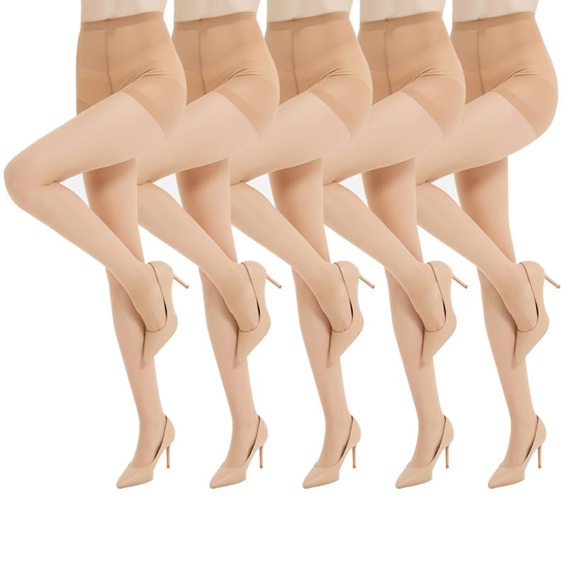 5Pairs Sheer Tights for Women - 20 Denier Control Top High Waist Stockings with Reinforced Toes Pantyhose