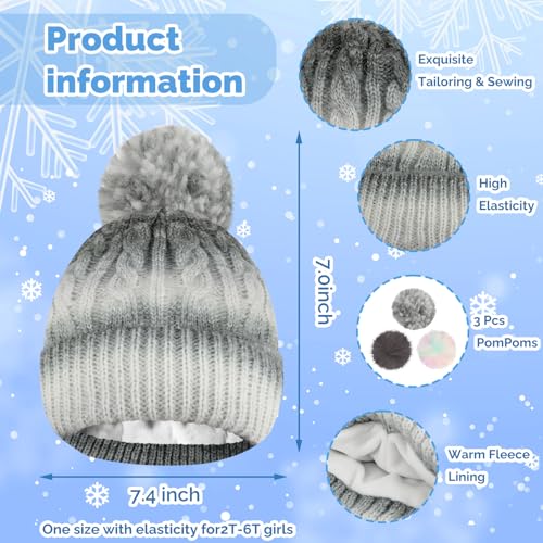 Kids Toddler Winter Beanie Hat with Pom Pom, Girls Warm Fleece Lined Knit Ski Cap for 2-6 Years, 2 Replaceable Pom Poms2