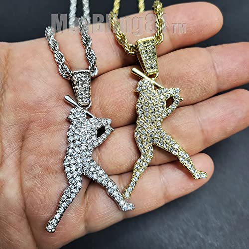 Iced Lab Diamond Gold Silver Plated Baseball Hitter Pendant & 4mm 24" Rope Chain Hip Hop Jewelry Necklace2