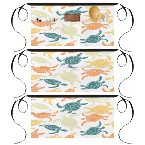 Lot de 3 tabliers courts de chef à poches motif tortues de mer multicolore