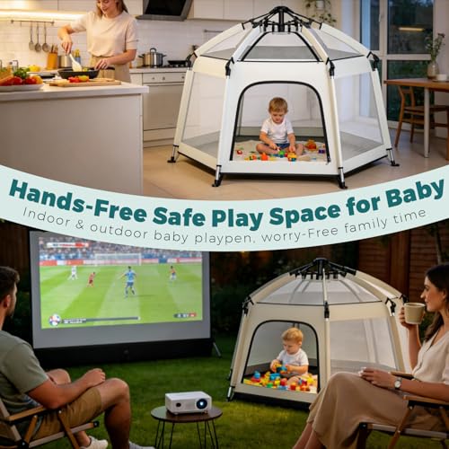 Image of Foldable Baby Playpen with Canopy: Durable 450D Oxford & Aluminum, Beige | Pop-Up Play Tent, Easy Setup, UPF50 Sun Protection, Lightweight, Mosquito Net, for Beach Travel Outside Indoor, for Kid & Pet