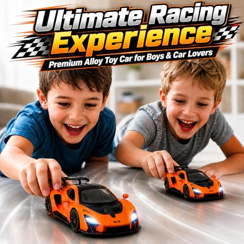 Image of GRAPHENE 1:32 Scale Diecast Pullback Metal Toy Car for Boys High Speed Friction Premium Realistic Model Sports Car Miniature Openable Doors Trunk Light Music Best Gift for Boys Girls for 2+ (Orange)