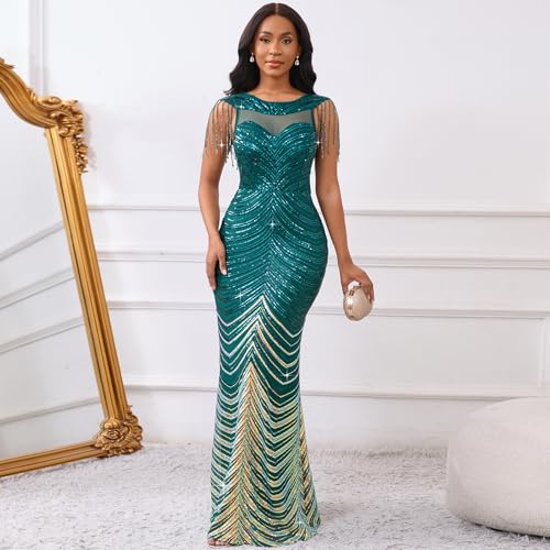 Image of Cololura Women Sexy Sequin Mesh Perspective Bodycon Party Cocktail Evening Gown Maxi Dress