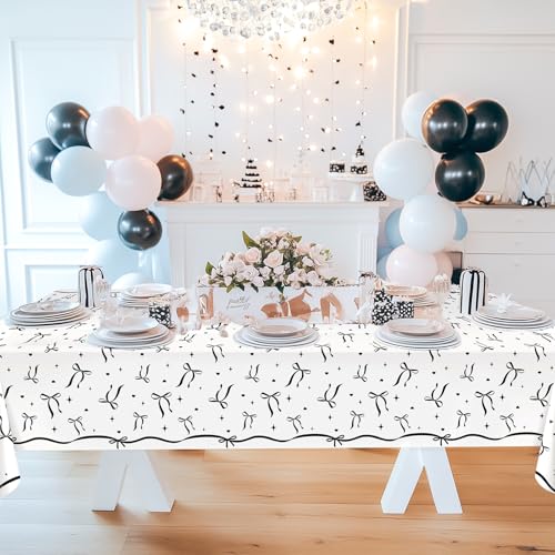Image of Avezano 6 pcs Black Bow Tablecloths 108x54 inch Bow Birthday Decorations Black and White Bow Plastic Table Cover Disposable Bachelorette Party Supplies