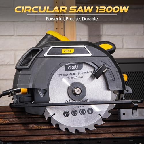 Image of Deli DL-YJ185-E1 1300W 7-1 /4 inch Corded Electric Circular Saw 24T Blade Easy Depth & Bevel Adjustment with Ergonomic Handle for Professional Use (Pack of 1, Yellow and Black)