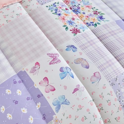 Image of Joyreap 4 Piece Toddler Bedding Set- Pink n Purple Floral Butterflies Patchwork Design, Microfiber Toddler Bedding Comforter Set for Girls