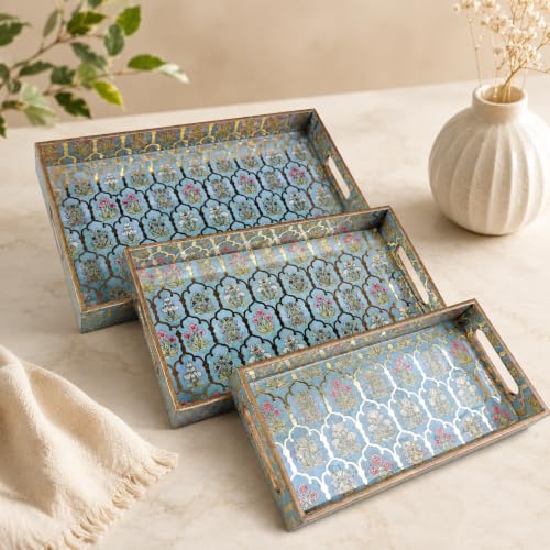 Image of Wooden Serving Tray Set of 3 Waterproof MDF Decorative Trays for Tea, Coffee & Breakfast | Floral Jharoka Design Multipurpose Dining Table Tray Set for Kitchen & Home Decor