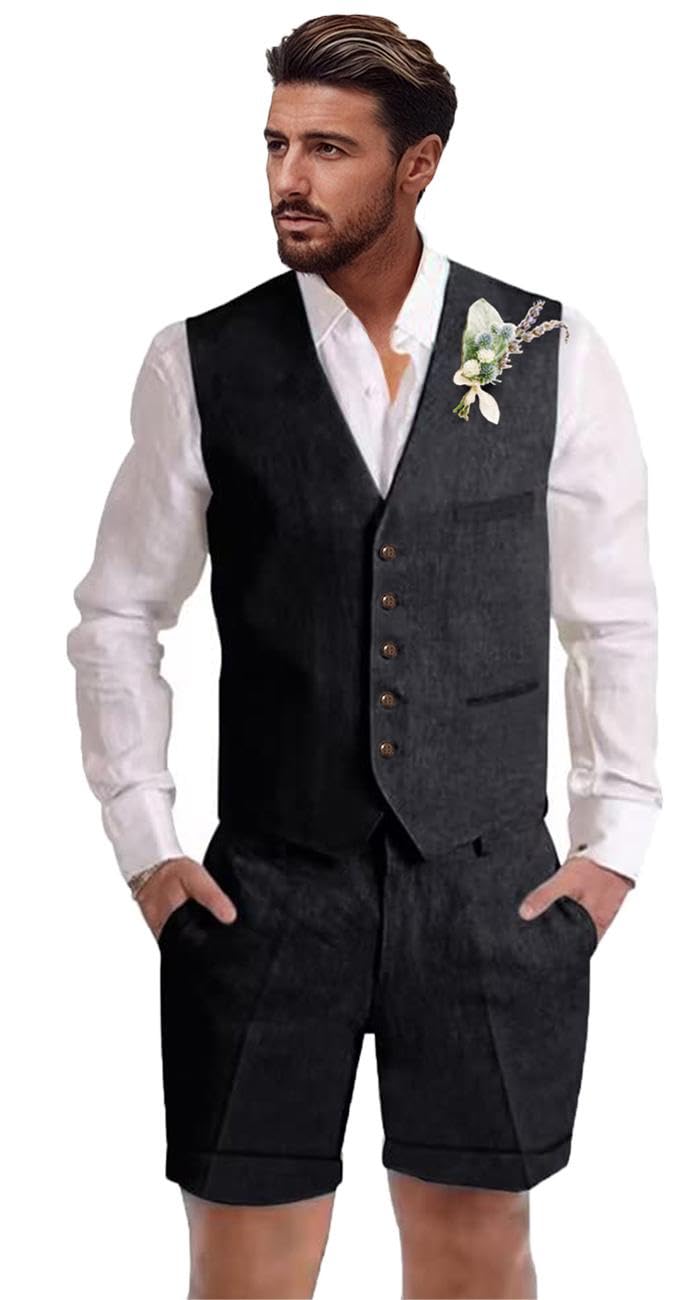 Photo 1 of Dsteng Mens Suit Black 2 Piece Short Suits for Men Casual Summer Beach Wedding Suit Linen Vest Shorts Set Large