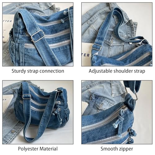Crossbody Messenger Bag for Women, Large Denim Purses for Women Casual Shoulder Bag Hobo Tote Bag with Multiple Pockets for Work College Daily4