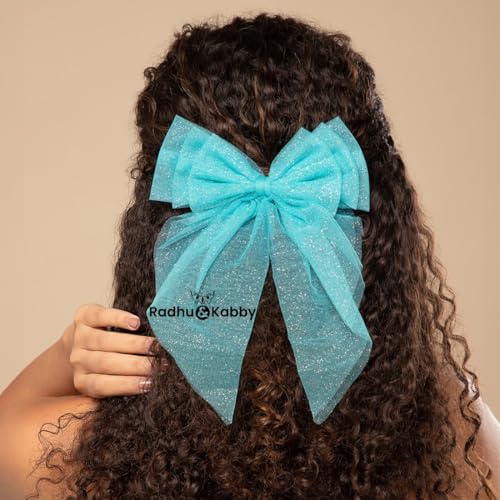Image of Radhu & Kabby Hair Bows for Women /Girls | Hand made Netbows | Net Tail Hairbow | Fancy & Stylish Hair Accessories | Anti-Hair Fall Hairclips | Blue, Brown, Pink | Pack of 3