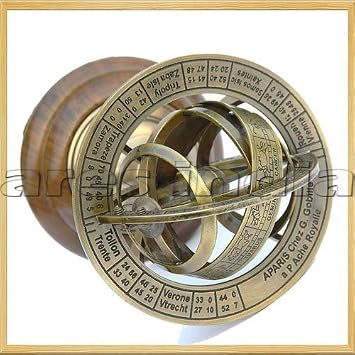 Ares India 5" Nautical Brass Armillary Sphere World Globe Rosewood Base Table Decor Gift