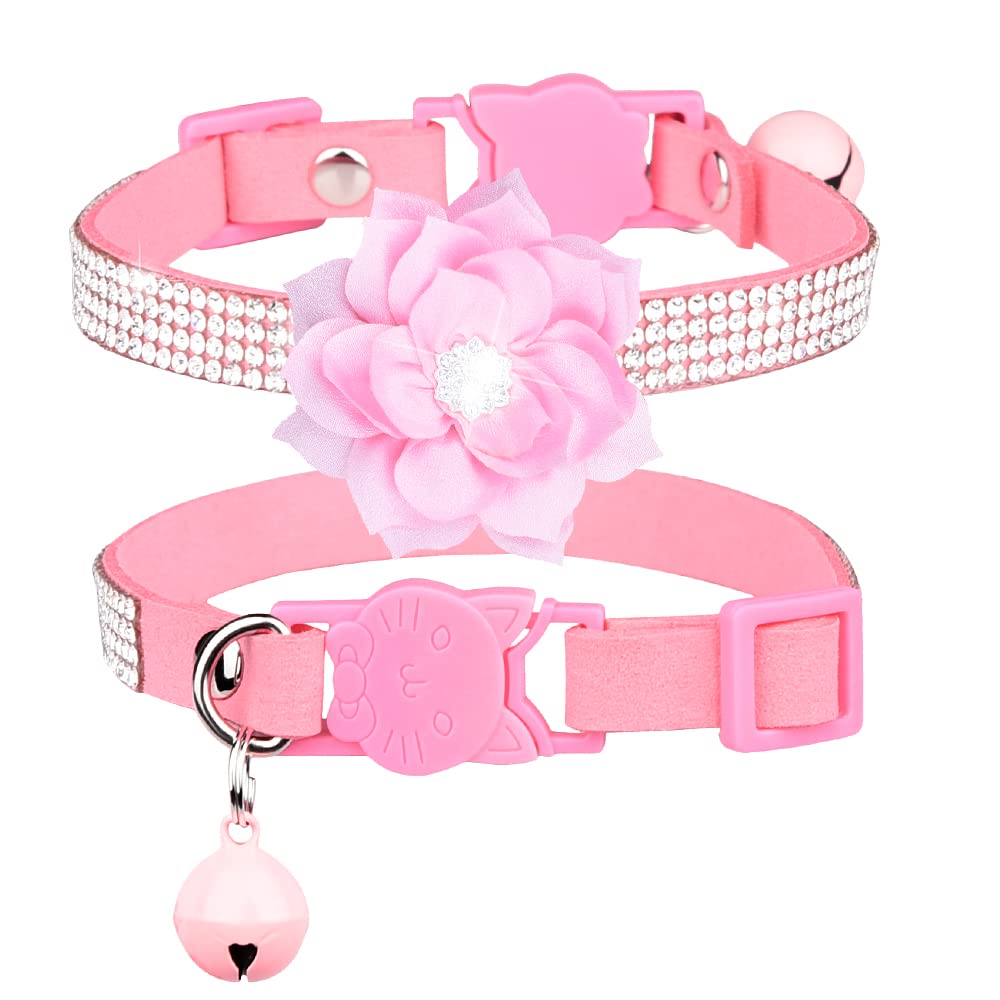 Bbmmayy Cat Collars,Rhinestone for Girl Cats Bling Kitten Flower Adjustable Breakaway Collar with Bell Soft Velvet Leather Collar for Puppy Small Dogs