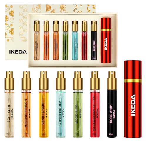 Ikeda Fragrance Discovery Set 7pc 10ml Eau de Parfum Mini Perfume Gift Set for Women & Men Long Lasting 8-12H Travel Size Sample Set Includes Vanilla Skin Rose Whip Golden Rule