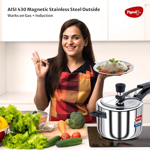 Image of Pigeon by Stovekraft Elite Shine 5L Tri-Ply Body Inner Lid Pressure Cooker Induction and Gas Stove Compatible that Distributes Heat Evenly for Uniform Cooking (Silver)