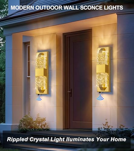 Image of 15.3 inch Dusk to Dawn Outdoor Wall Lights, 12W LED Gold, 2-Pack | IP65 Waterproof, Exterior Crystal Modern Wall Sconce, Ideal for Porch, Hallway, Doorway, Patio