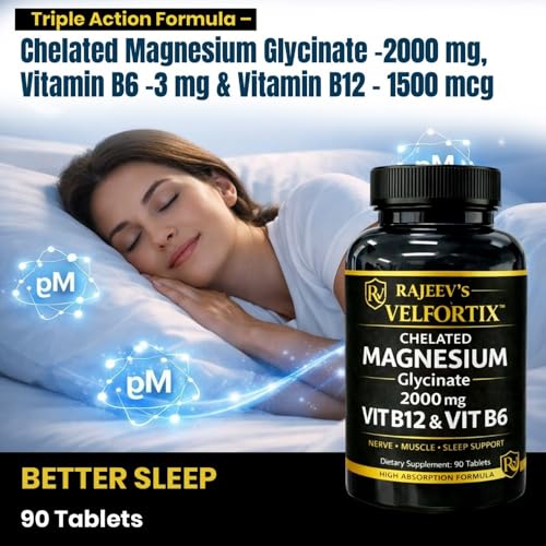 Image of Rajeev's Velfortix Chelated Magnesium Glycinate 2000 mg with Vitamin B12 & B6 | High Absorption Formula | Nerve, Muscle & Sleep Support | 90 Tablets
