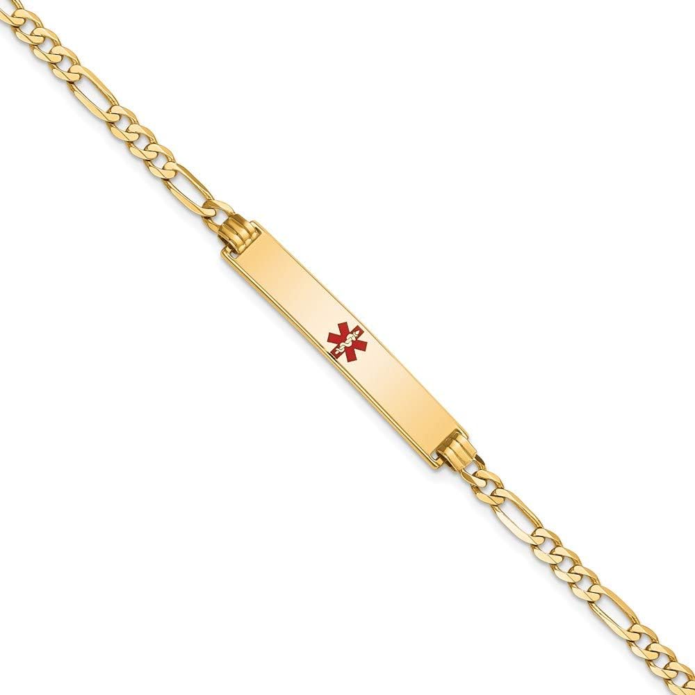 Engravable Personalized Custom 14K Yellow Gold Medical Red Enamel Flat Figaro Link ID Bracelet For Men or Women Length 8 inches Width 6.3 mm