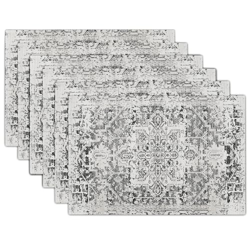 Image of Gray Black Boho Placemats Set of 6 Ethnic Bohemian Carpet Place Mats Washable Kitchen Dining Vintage Grey Geography Floral Linen Table Mats Stain Heat-Resistant Cloth Tabel for Home Party 12x18 in