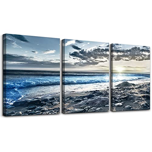 Canvas Wall Art for Living Room & Bedroom - Blue Beach Wall Pictures - Sun & Ocean Paintings - Office Wall Decoration - Seascape Poster Art Prints - Large Size - 20" X 28" - 3 Piece
