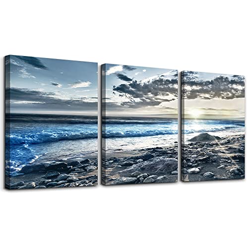 Lapremoly Canvas Wall Art For Living Room Framed Wall Decor For Bedroom Office Decorations Blue Beach Seascape Wall Pictures Ocean Landscape Painting Poster Prints Artwork Home Walls Decor 3 Piece