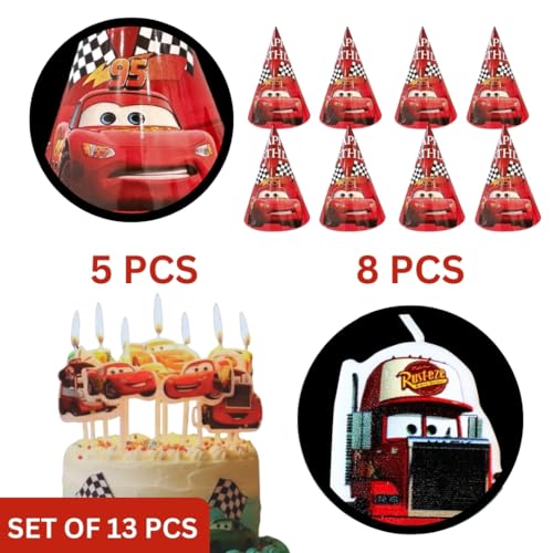 Image of Wanna Party Car Theme Birthday Decoration Combo Kit for Boys - Car Birthday Hats Pack of 8 & Car Theme Candles Pack of 5 | Racing Party Supplies Set for Kids Birthday