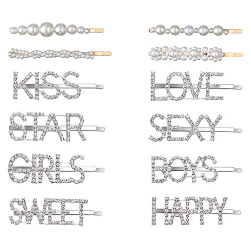 13 Pieces Words Letters Hair Clips Rhinestones Words Hair Pins Letters Bobby Pins Words Hair Clips Barrette Hair Accessories for Women Girls (Words and pearls)