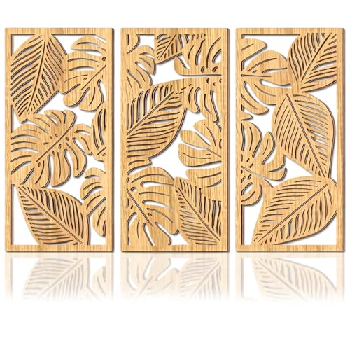 YunBey Décoration Murale en Bois 3 Pièces, Feuilles Tropicales Monstera, Art Mural Boho pour...