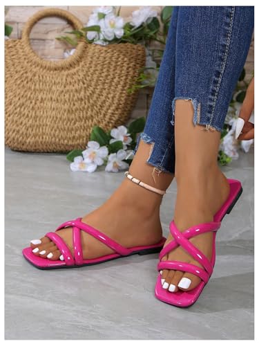 GORGLITTER Women's Criss Cross Strappy Flat Sandals Square Open Toe Dressy Summer Vacation 2025 Slip on Slide Shoes 6