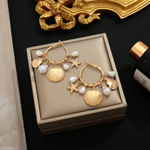 CLASSYZINT Gold Seashell Earings for Women Starfish Dangle Hoop Simulated Pearls Pendant Huggie Hoops Detachable Ocean Theme Earrings4
