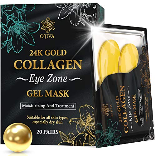 O'JIVA Pure 24k Gold Collagen Eye Mask for Puffy Eyes and Dark Circles - Depuffing Eye Gel Patches - Natural Under Eye Bags Treatment for Women and Men - ​20 pairs (Gold 24k)