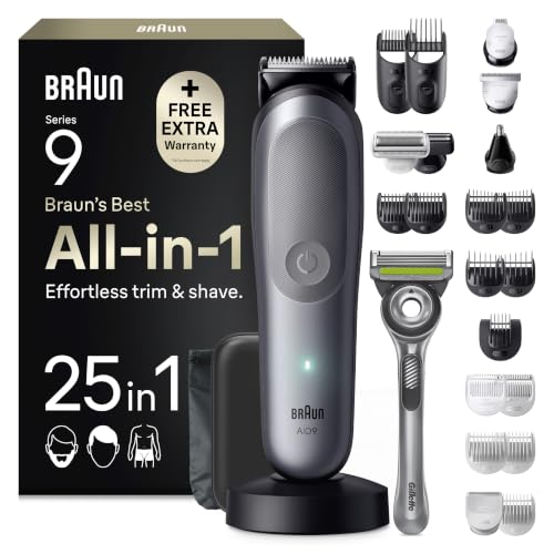 Braun Rasoio Elettrico Barba e Capelli Serie 9, Accessori AIO9565 Grigio | Rifinitore All-in-One 25in1, Rasoio Elettrico Corpo Uomo, Modalità Bodygentle, Peli Naso, Impermeabile Ricaricabile