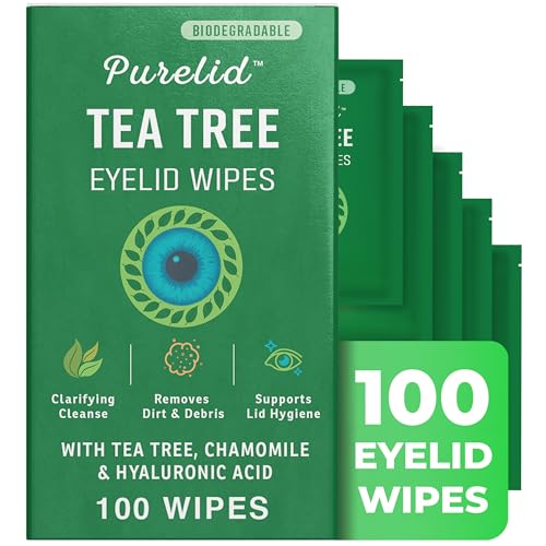 PURELID 100PCs Tea Tree Eyelid Wipes Cleaning Eye Wipes for People with Dry Eyes & Allergies Gentle Eyelid Cleanser with Hyaluronic Acid Chamomile and Aloe Individually Wrapped & Biodegradable