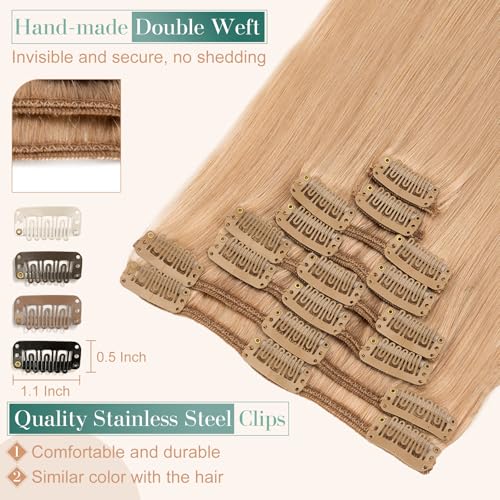 Image of Benehair Clip-in Hair Extensions - Real Human Hair, Double Weft, 8pcs, 18inch Remy, Soft Silky Straight, Natural, Strawberry Blonde