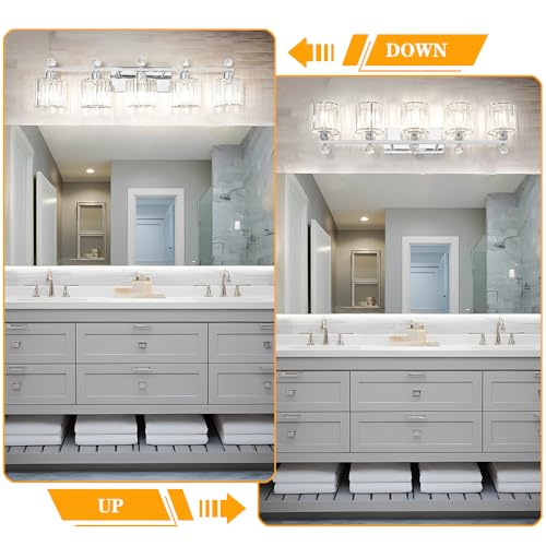 Image of Lxybcce 5 Light Bathroom Vanity Light, Modern Crystal Bathroom Ligth Fixture, Chrome Vanity Lights, Light Fixtures Above Mirror, Wall Lamp for Mirror Living Room Cabinet Bedroom Porch