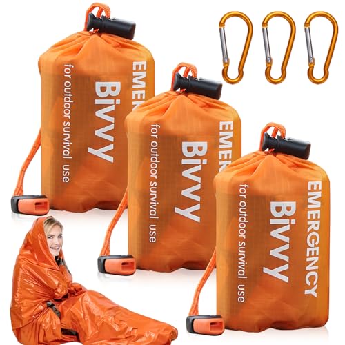 WIYETY 3 Stück Notfall Schlafsack: Notfall Überleben Schlafsack mit Signalpfeife, Wasserdicht Notfalldecke, Rettungszelt für Outdoor, Wasserdicht & Ultraleicht & Kälteschutz - Orange
