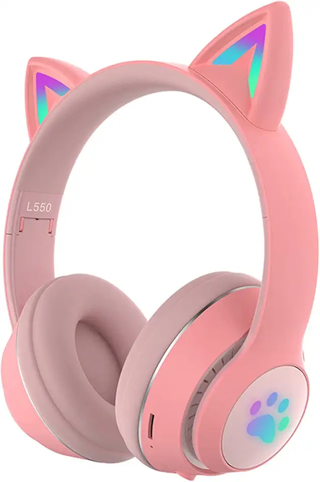 Fone de Ouvido Orelha de Gato com Iluminação LED, Headset Bluetooth 5.0 para Jogos/Músicas Estéreo, Fone Sem Fio de Gatinho com Microfone Embutido para Meninas