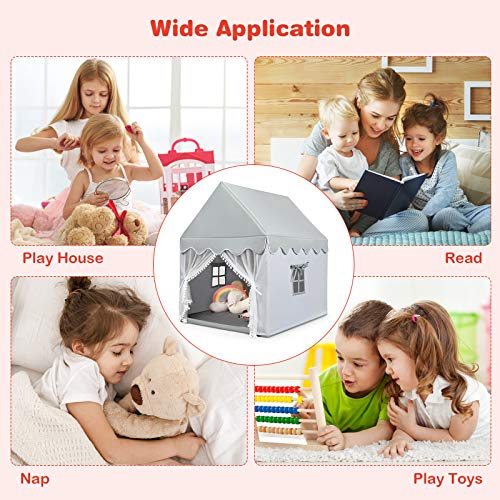 Costzon Kids Play Tent, Large Playhouse W/Washable Mat, Windows, Solid Wood Frame, Indoor Outdoor Princess Tent For Children Boys & Girls, Castle Fairy Tent, Holiday Birthday Gift (Gray) #TOP4