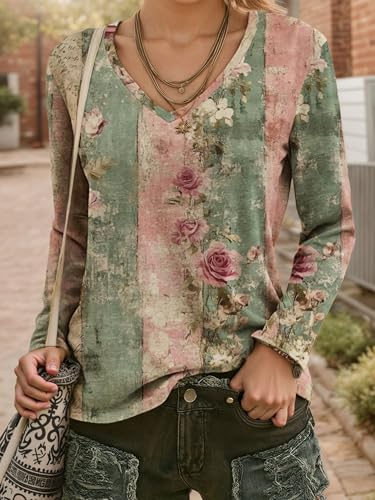 Women's Vintage V Neck Long Sleeve T Shirts Fall Casual Loose Fit Western Tops Tees2