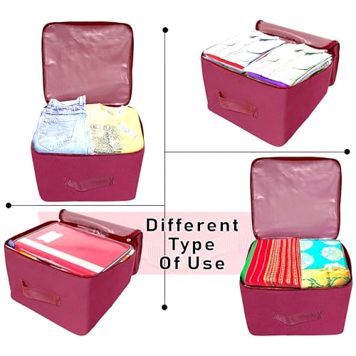 Image of Storite 6 Pack Nylon Wardrobe Bag Underbed Cloth Storage Organizer | Moisture Proof Storage box for Clothes Saree Bags with Zippered Closure & Handle (Magenta, 37x35x23 cm) Square