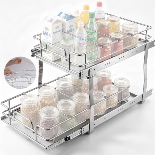 VEVOR Pull Out Cabinet Organizer, 14″ Wx21.2 Dx15.2 H Heavy 2 Tier Duty Slide Out Pantry Shelves, Chrome-Plated Steel Roll Out Drawer for Under Sink, 15.5″ Wx22.5 Dx19 H Install Size for Cabinet