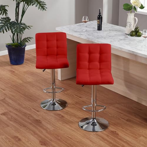 Softa Bar Stools 1 Set of 2, Counter Height Bar Stools, Square Cushion Bar Stools with Back, Footstool, Cafe, Red, 2 Pieces