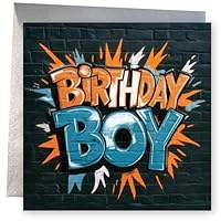 Birthday Card for Boy. Graffiti with Gloss Text Design. 150x150mm supplied with Envelope. Eco-friendly. Message inside. Made in Britain.
