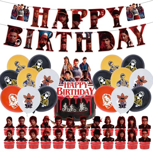 Stranger 5 TV Birthday Decorations Party Supplies Set Include Banner Balloonss Cake Topper Cupcake topper Toppers for Boys Girls Movie Theme Party