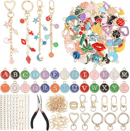 Flewyum 198Pcs Charms Lip Gloss Keychain Making Kit DIY Craft Supplies with Charms Key Chain Hooks Jump Rings Lobster Clasps Chains & Tools Jewelry Making Kit for DIY Craft Gifts.