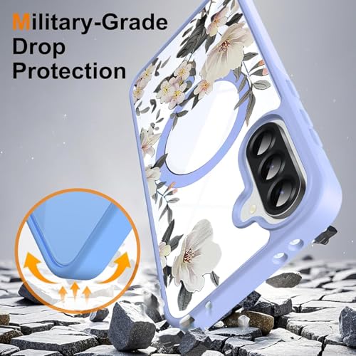 Image of VONZEE Compatible with Samsung Galaxy A57 5G Back Case Luxury Retro Flowers Floral Clear for Magnetic Wireless Charging Case Shockproof PC+TPU Cute Glossy Shiny Cover for Girls Women, Official Blue